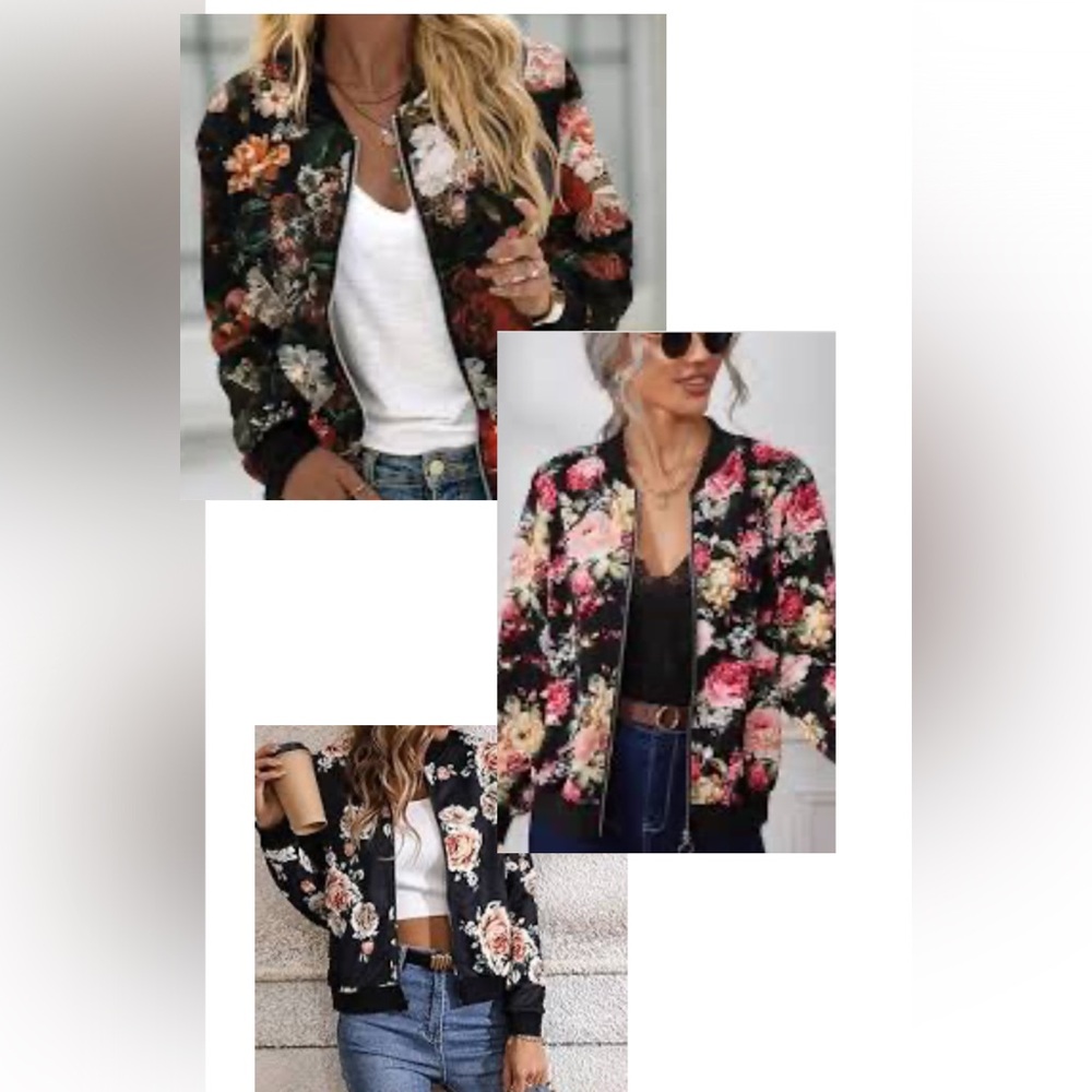 Satin Bomber floral zip front- jacket Black & Red woman’s sz M